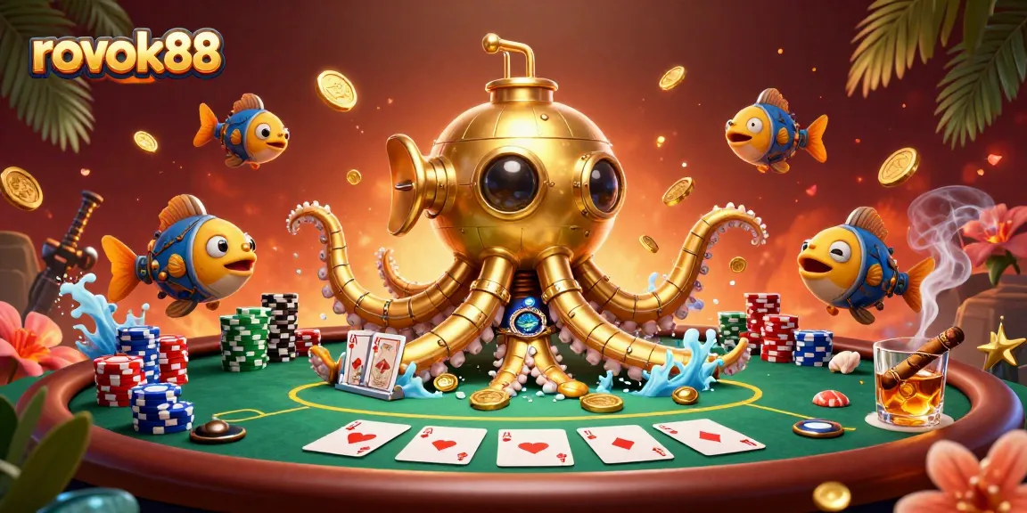 Engage with rokok88's animated casino scene featuring a golden kraken submarine, poker chips, and vibrant game elements.