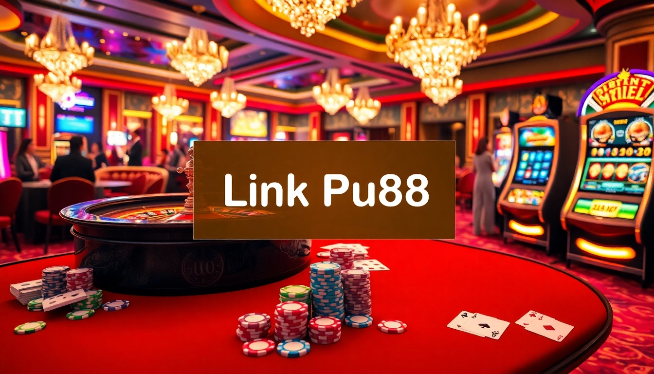 Exciting casino action featuring "Link Pu88" with vibrant roulette, cards, and lively gaming atmosphere.