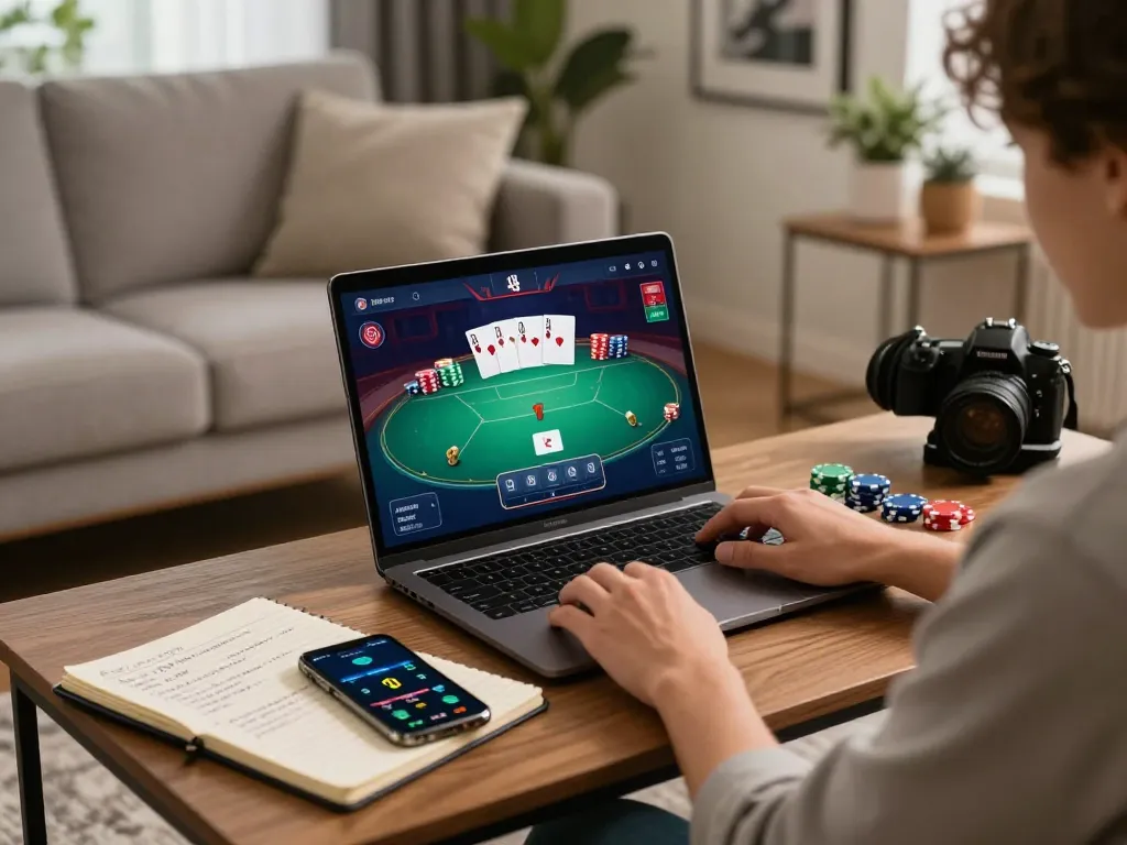 Person engaged in online poker gaming, focusing on sunwin app on laptop in cozy living room.