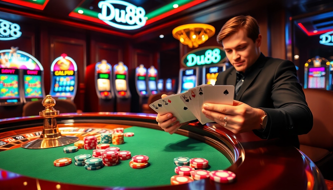 Engaging gamblers at Du88 with roulette wheels and poker chips in a luxurious casino setting.