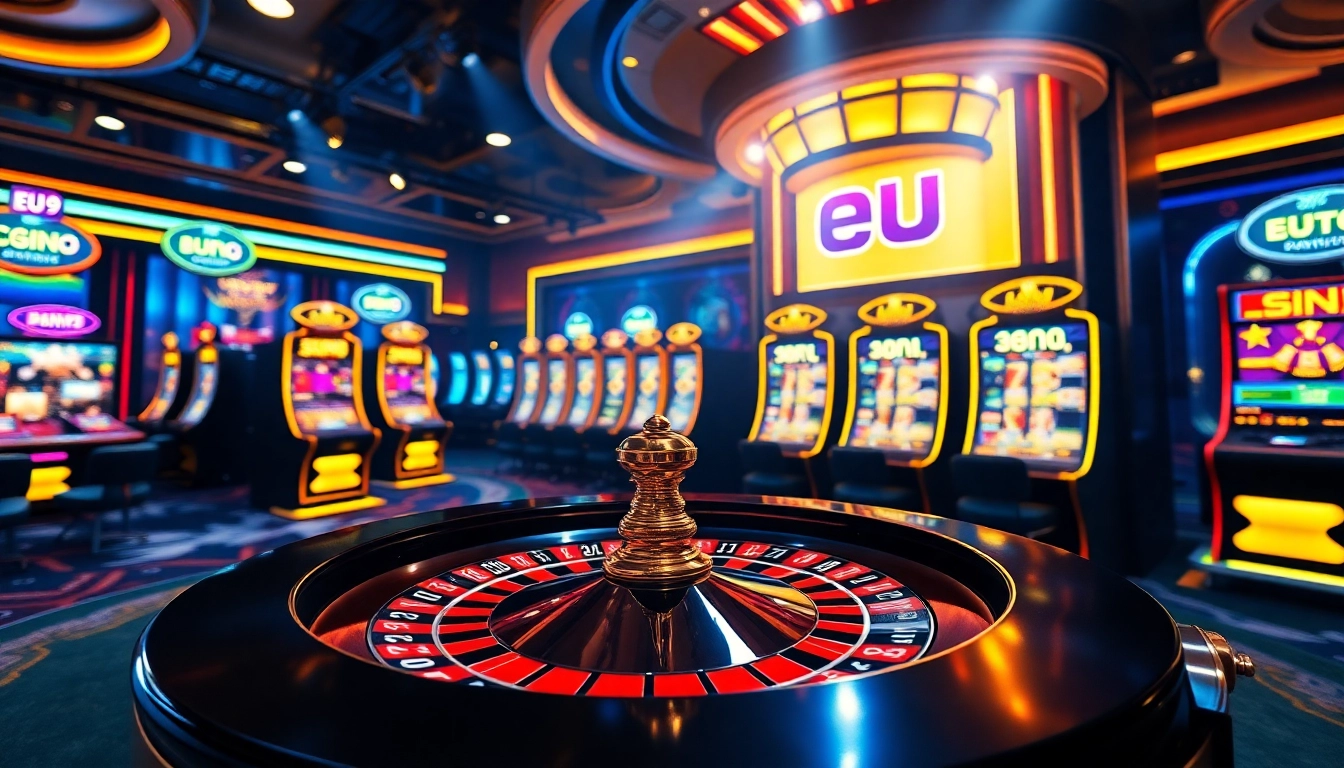 EU9 players enjoying high-stakes table games and slot machines in an elegant casino setting.
