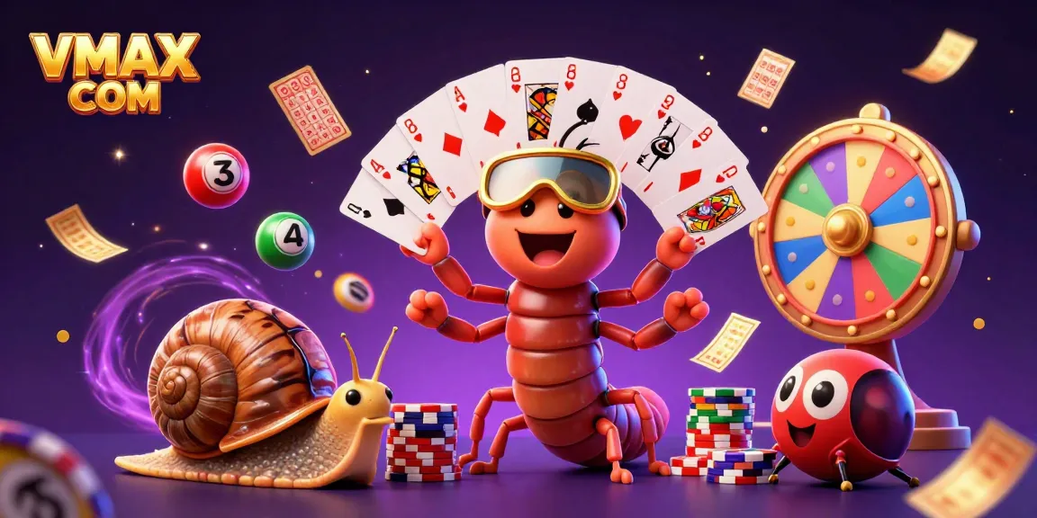 Engage in thrilling gameplay at VMAX COM with a colorful scene featuring a cartoon dealer and vibrant lottery elements.