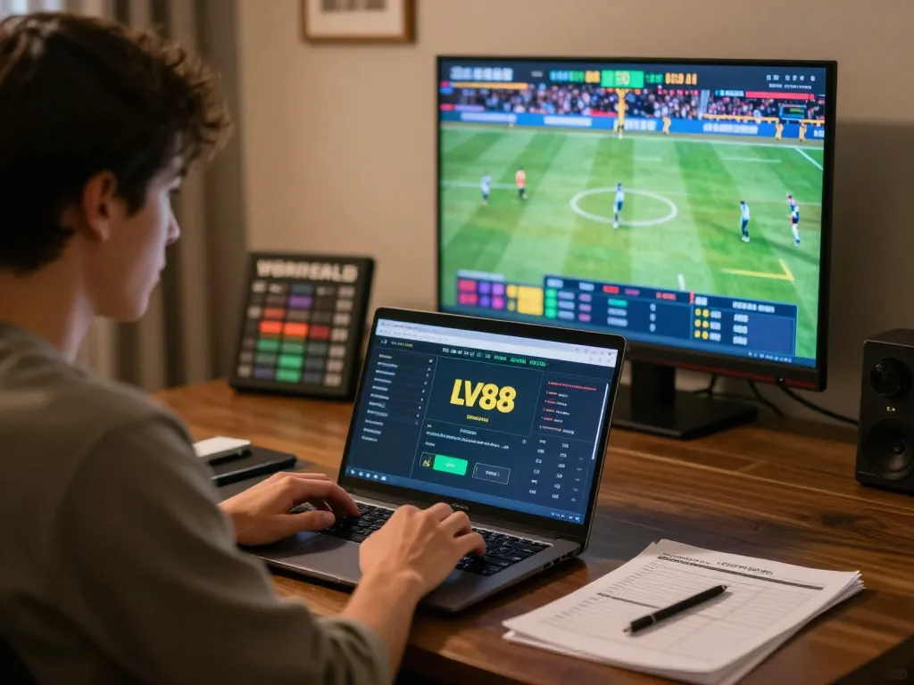 Person using LV88 for online sports betting, showcasing responsible gaming practices, and strategic planning.