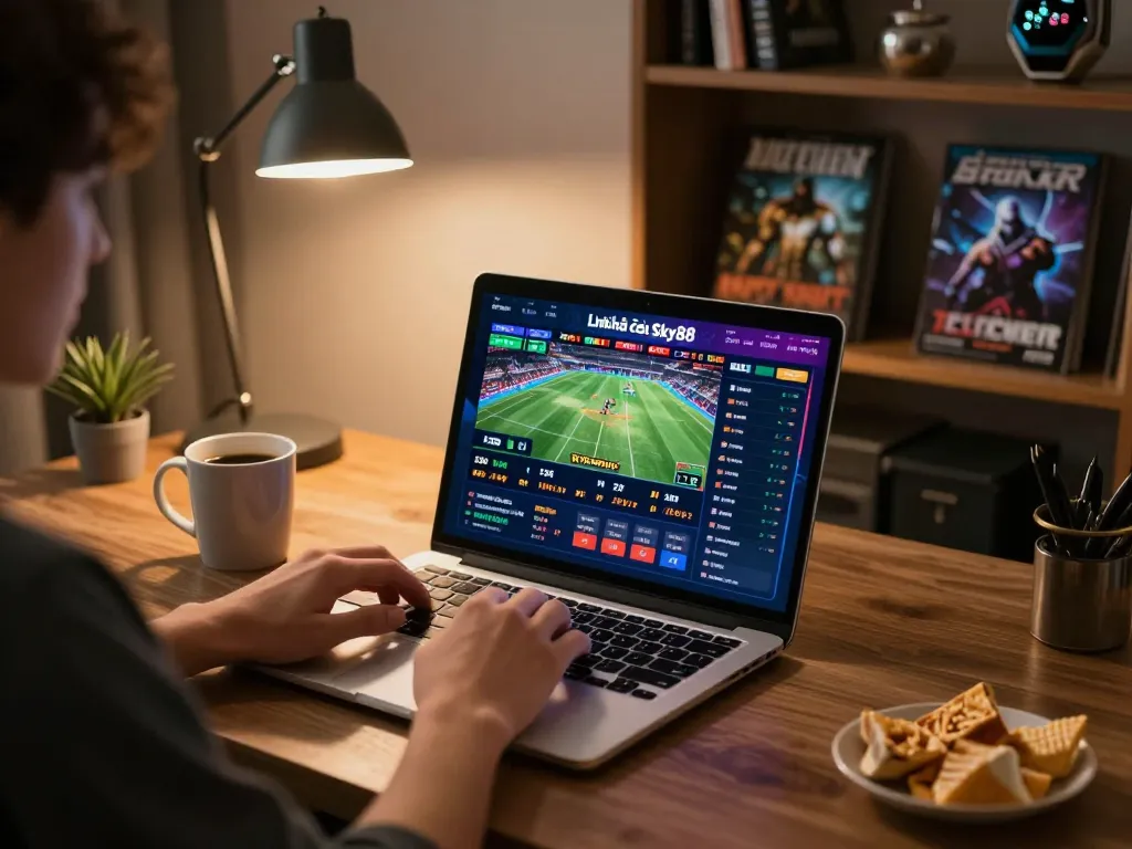 Engaging with Link nhà cái Sky88 while enjoying an online sports betting session at home.