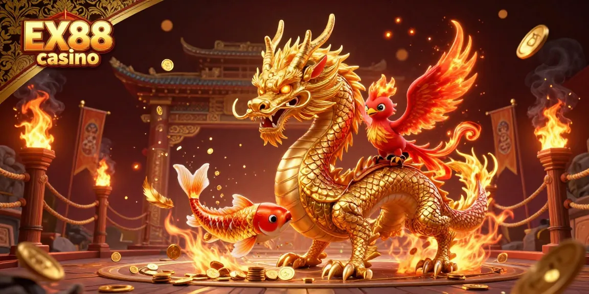 Experience the excitement of EX88 casino with a dynamic 3D scene featuring a golden dragon, phoenix, and koi fish amidst golden coins.