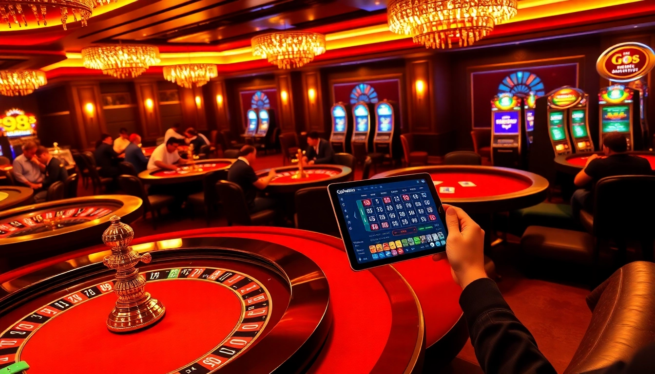 GO8 casino scene with vibrant tables, poker chips, and excited players engaging in games.