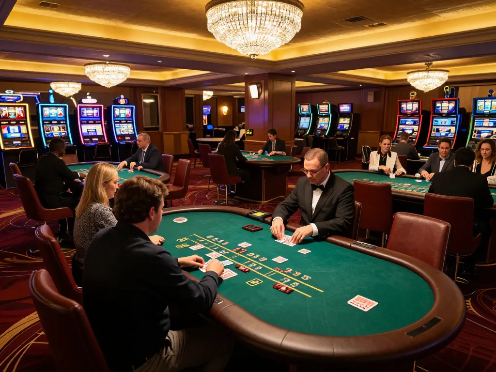 KJC players enjoying a strategic blackjack game in a vibrant casino setting