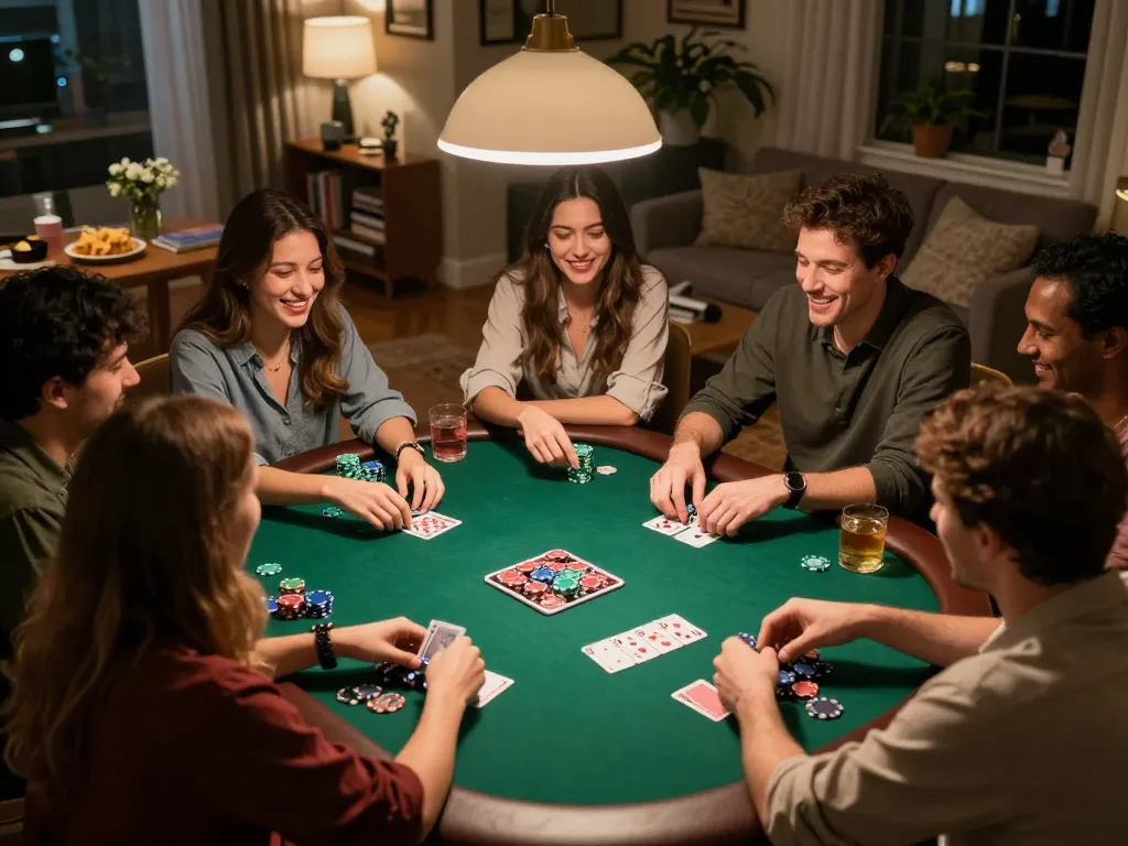 Friends enjoying a poker night while strategizing their vb88 betting moves around the table