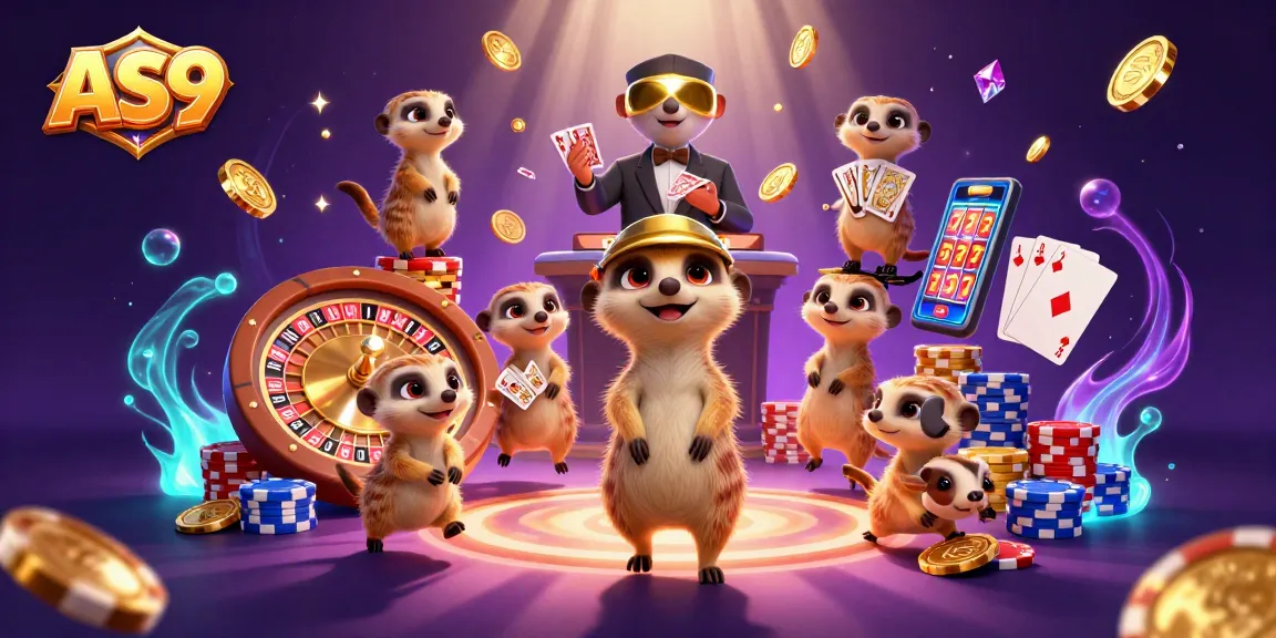 AS9 meerkats in an elaborate casino scene surrounded by golden coins and roulette wheels.