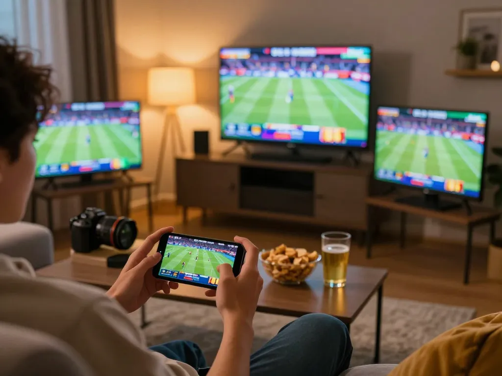 98wincom user enjoying sports betting on smartphone in cozy home setting with vibrant game screens.