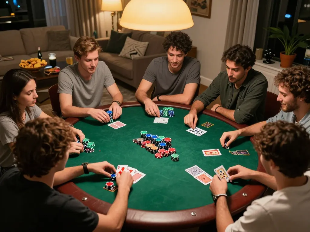 Bạn bè tham gia một trò chơi poker thú vị tại nhà, thể hiện chiến lược KO66 và tình bạn.