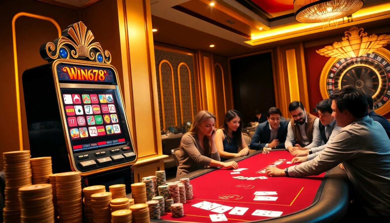 WIN678 players enjoying an exciting poker game in a luxurious casino setting.