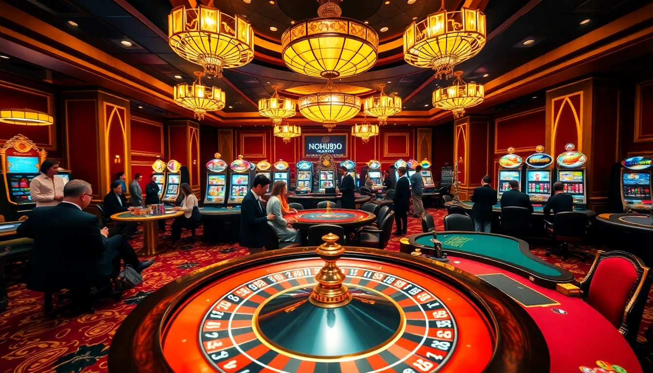 Players enjoying gaming excitement at NOHU90 casino tables with vibrant atmosphere.
