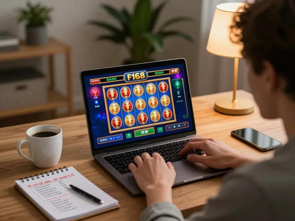 Engaging in online gaming at https://f168.osaka/ with a laptop showing a vibrant slot game.