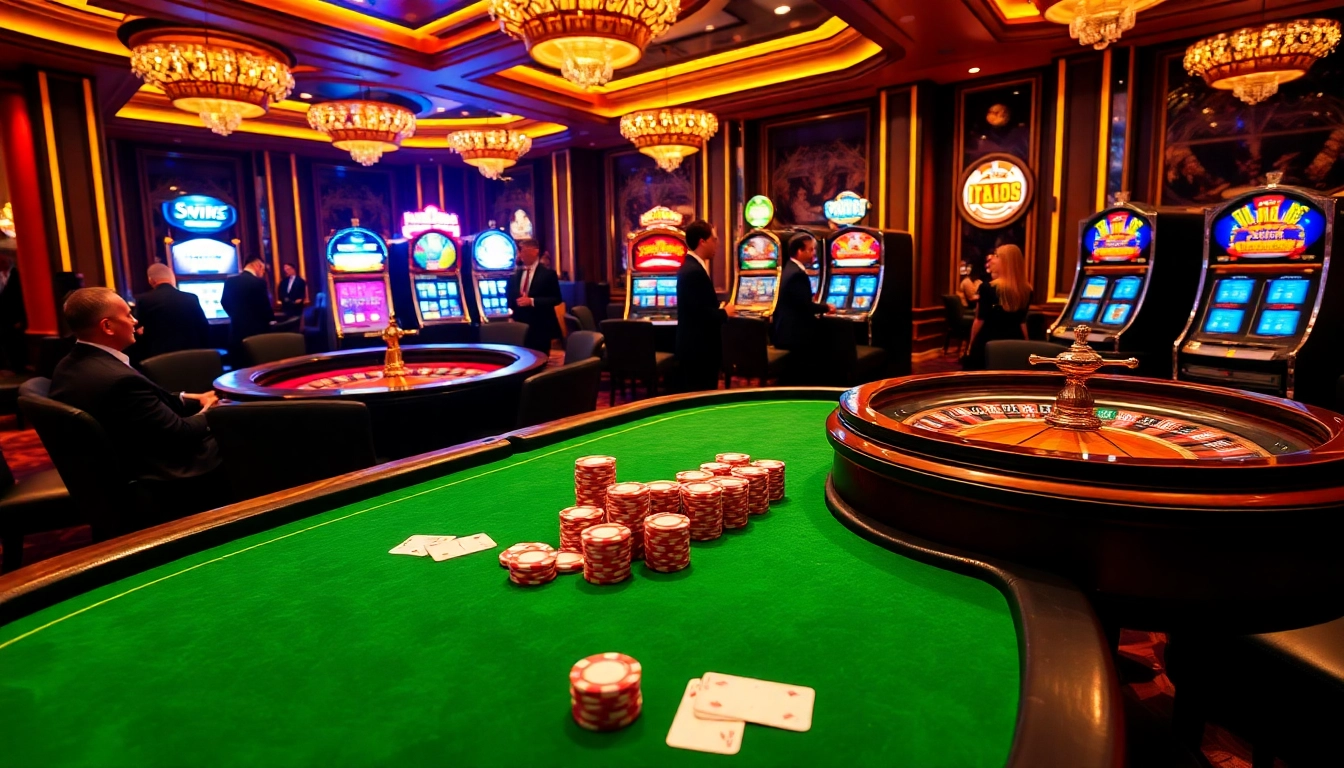 Experience the vibrant casino atmosphere at twin68.digital with poker chips, roulette, and players.