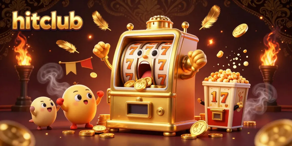 Hitclub offers a thrilling jackpot experience with golden slot machines celebrating wins amidst vibrant casino elements.