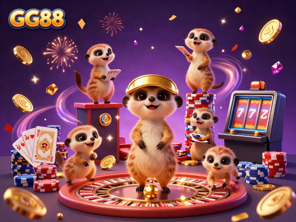 Experience GG88 casino excitement with meerkats managing games and jackpots in this vibrant illustration.
