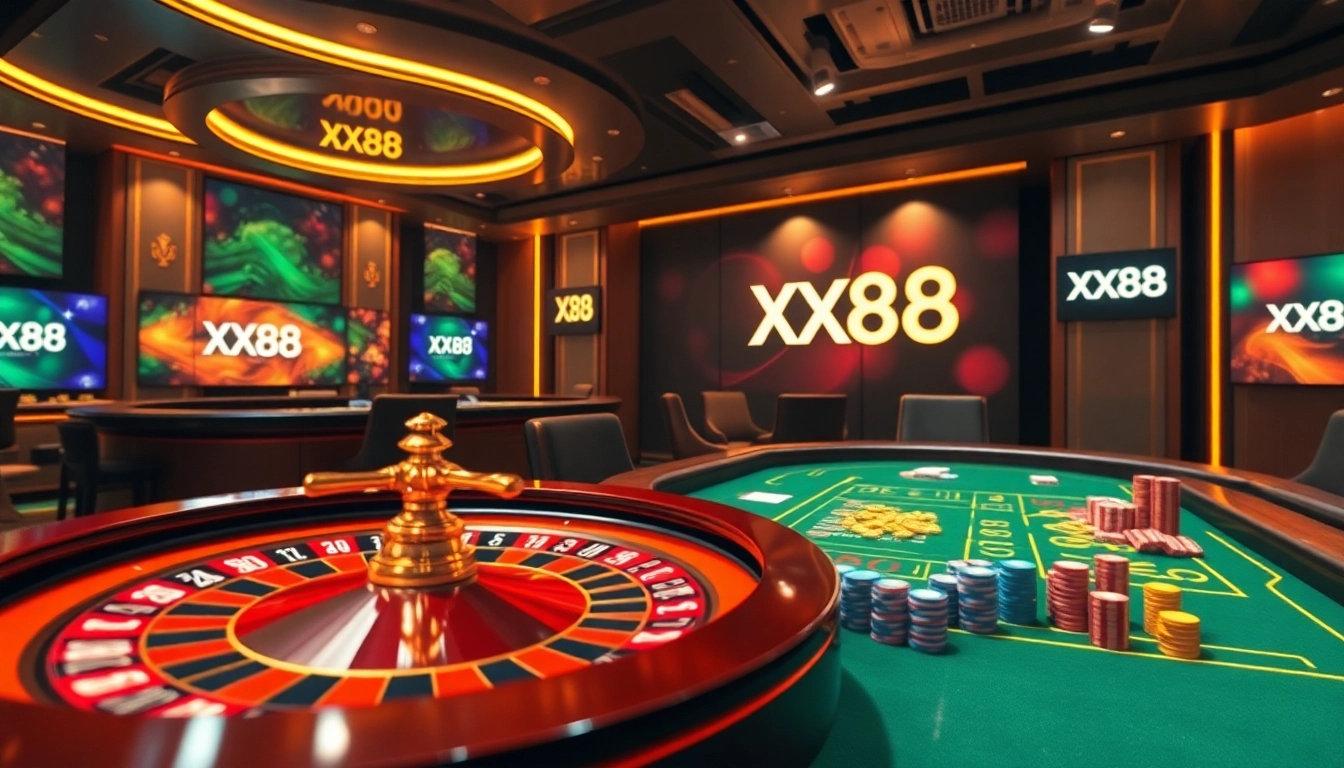 Experience the excitement at XX88, showcasing a dynamic roulette table and vibrant poker chips.