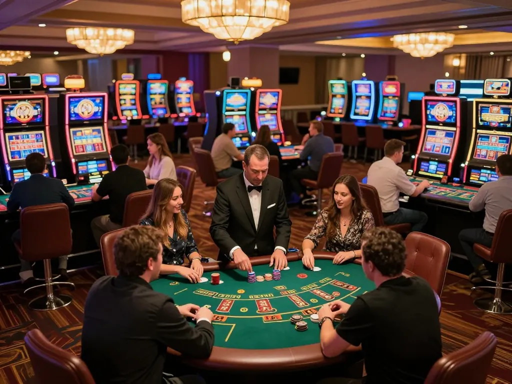 Players enjoying blackjack at SC88 casino, engaging in strategic gameplay with polished tables and vibrant atmosphere