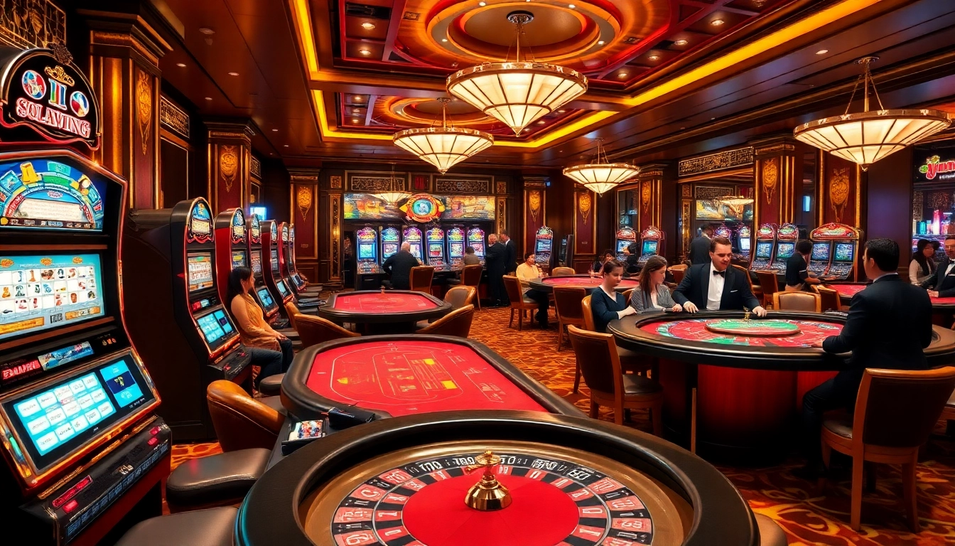 Exciting gaming scene at nhà cái 58WIN with glamorous tables, players, and vibrant slot machines.