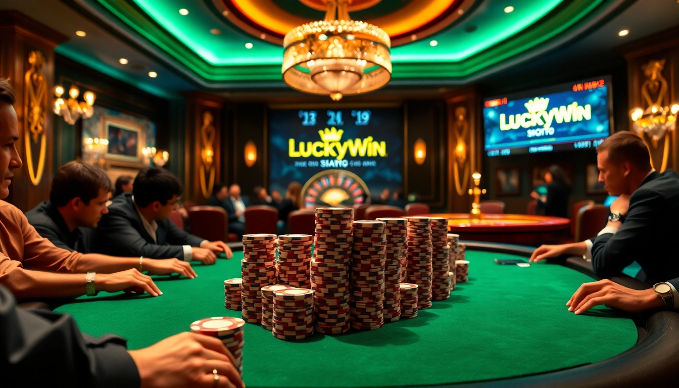 Experience thrilling gameplay at LuckyWin casino with vibrant poker chips and roulette excitement.