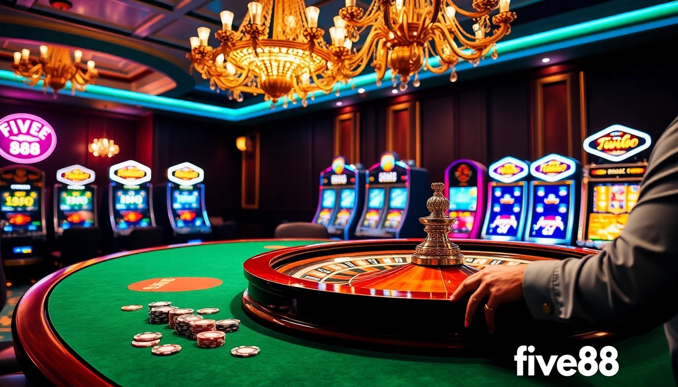 Experience the excitement of five88 at a vibrant roulette table with colorful chips and rich ambiance.