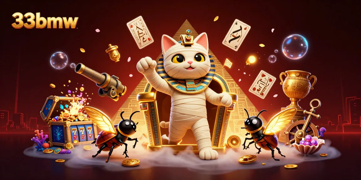 Experience the thrill of 33bmw with a mummy cat and scarab beetle in a vibrant casino scene.