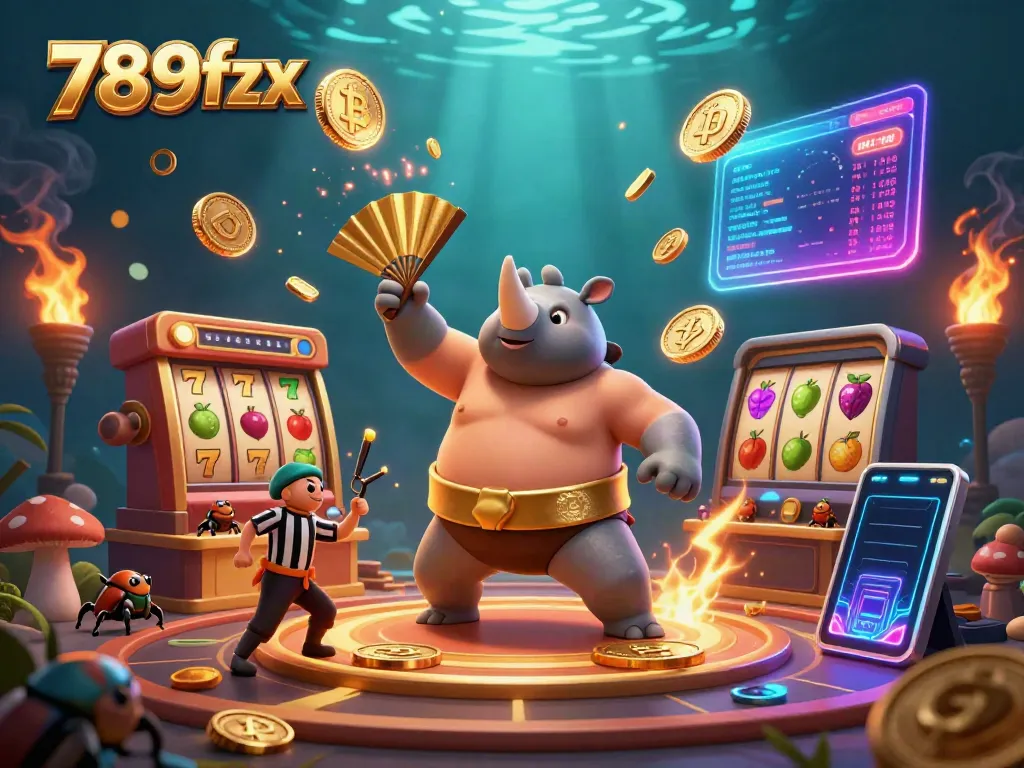 Experience the vibrant 789fzx casino environment with a dynamic rhinoceros beetle champion stomping coins surrounded by engaging elements.