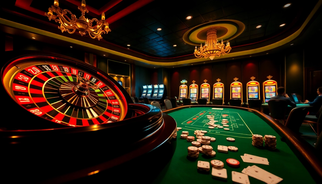 Engaging scene of a vibrant casino at https://88ii88.com/ featuring roulette, poker action, and illuminated slots.