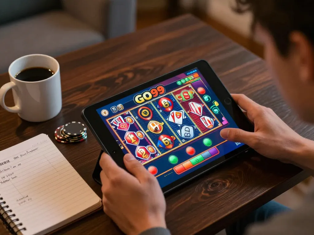Engaging player using a tablet to explore Go99 online casino games in a cozy home setting.