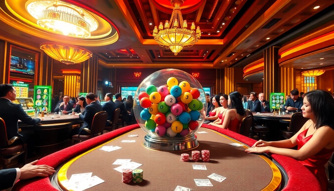 Kết quả xổ số hôm nay displayed in an elegant casino setting with lottery players and colorful balls.