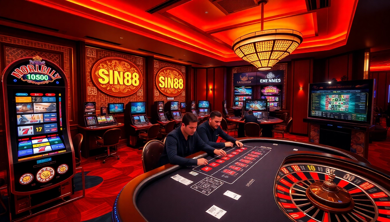 SIN88 players enjoying thrilling moments at a luxurious casino with poker tables and slot machines.