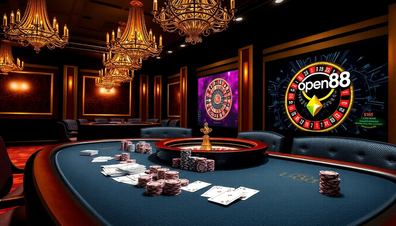 Experience the thrill of playing at open88 with luxurious casino visuals of poker tables and roulette wheels.