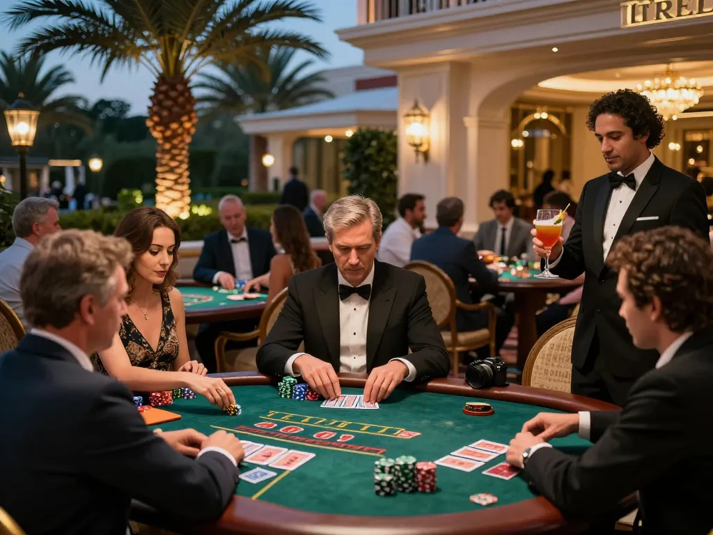 uk88 players engaging in high-stakes blackjack at a lavish outdoor casino terrace, vibrant evening atmosphere