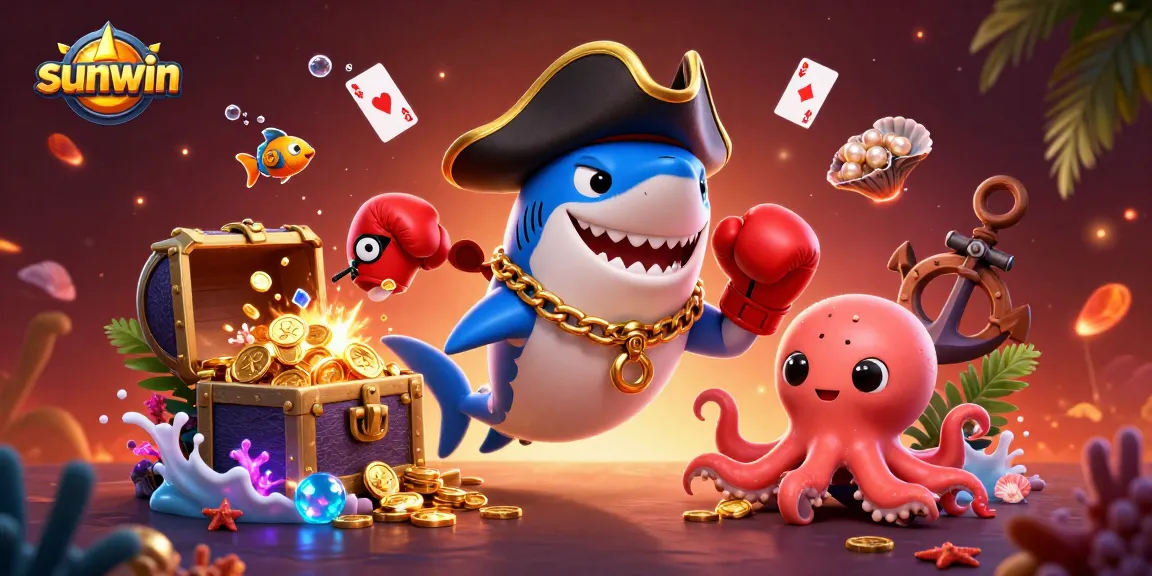 Engage in thrilling gameplay with sunwin as a pirate shark, pufferfish, and octopus celebrate by a treasure chest.
