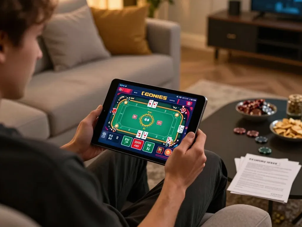 Engaging in God55 online betting on a tablet while enjoying a cozy home setup