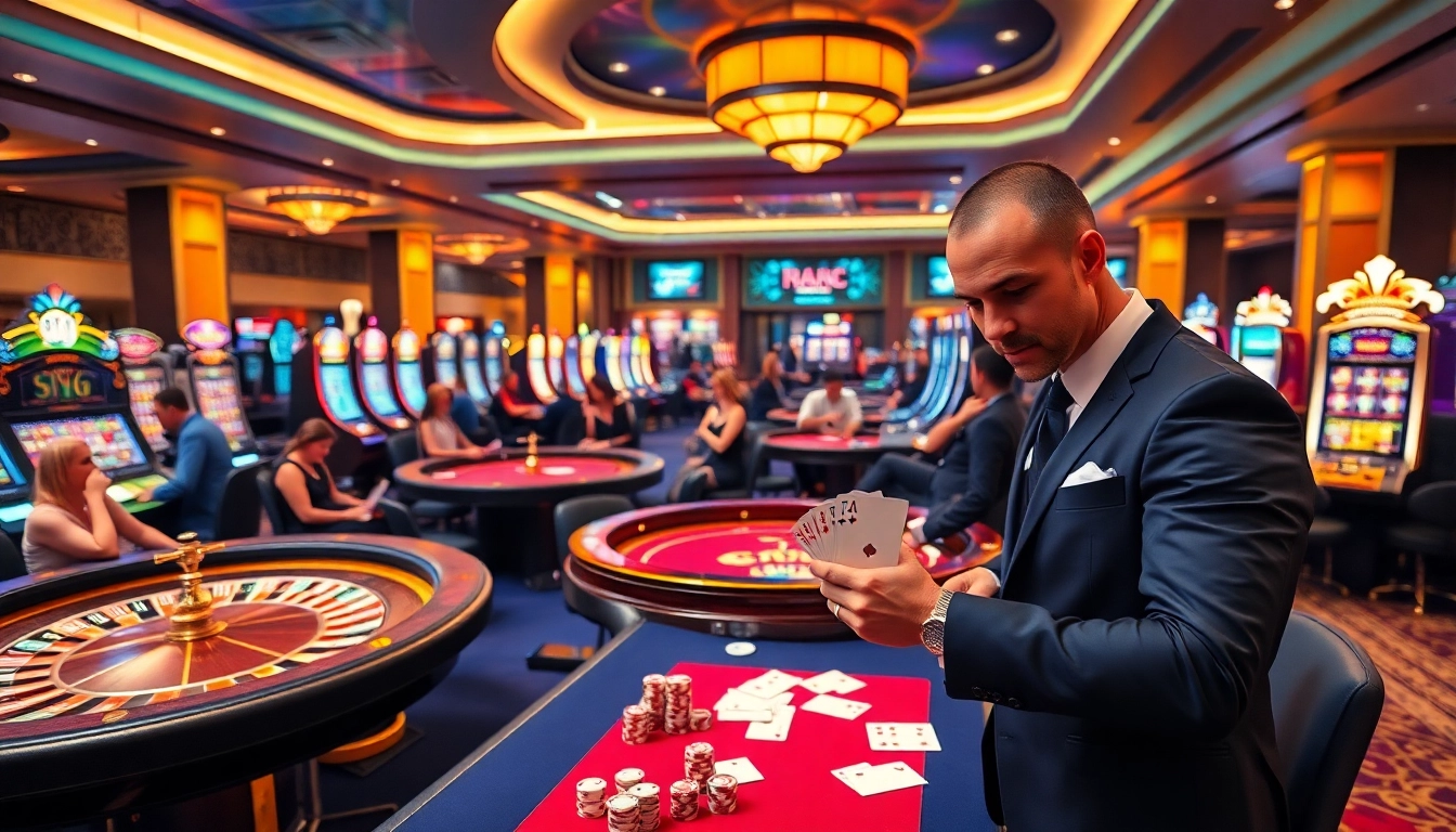 Experience the thrill of SV66 gaming in a luxurious casino setting with tables and vibrant slot machines.