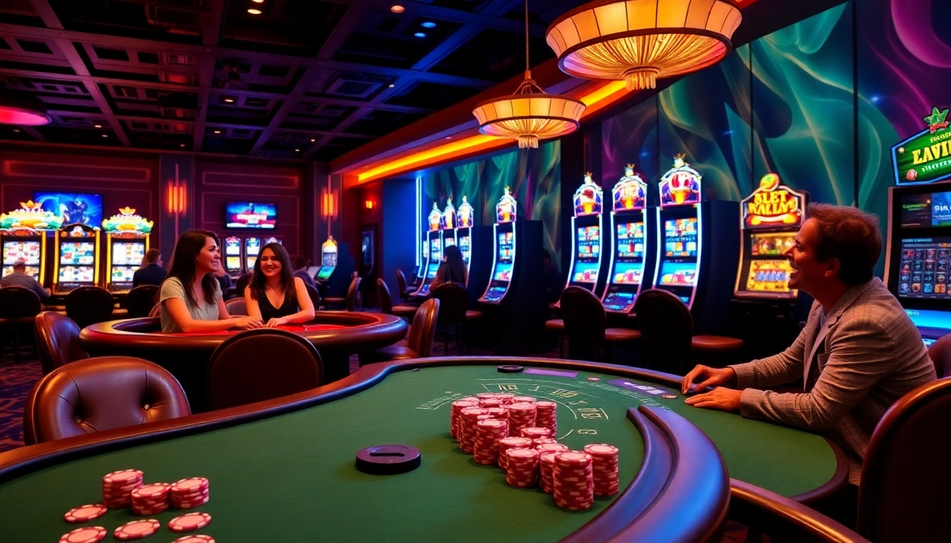 hitclub players enjoying games at an exciting, modern casino with vibrant slot machines and poker tables.