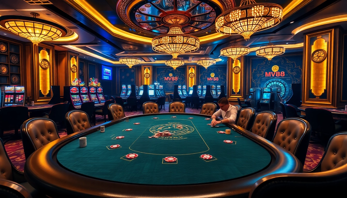 Players engaging in high-stakes poker with MV88 branding in a luxurious casino setting.