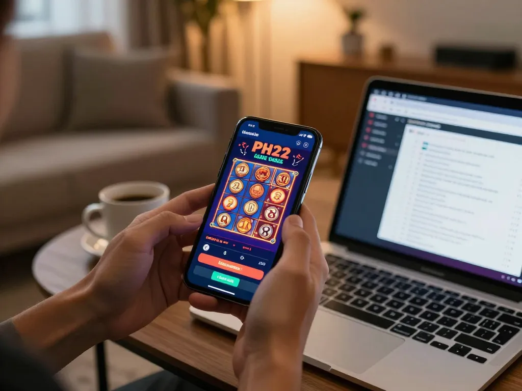 Engaging gameplay on PH22 mobile app showcasing exciting slots and live dealer games in a cozy home atmosphere.