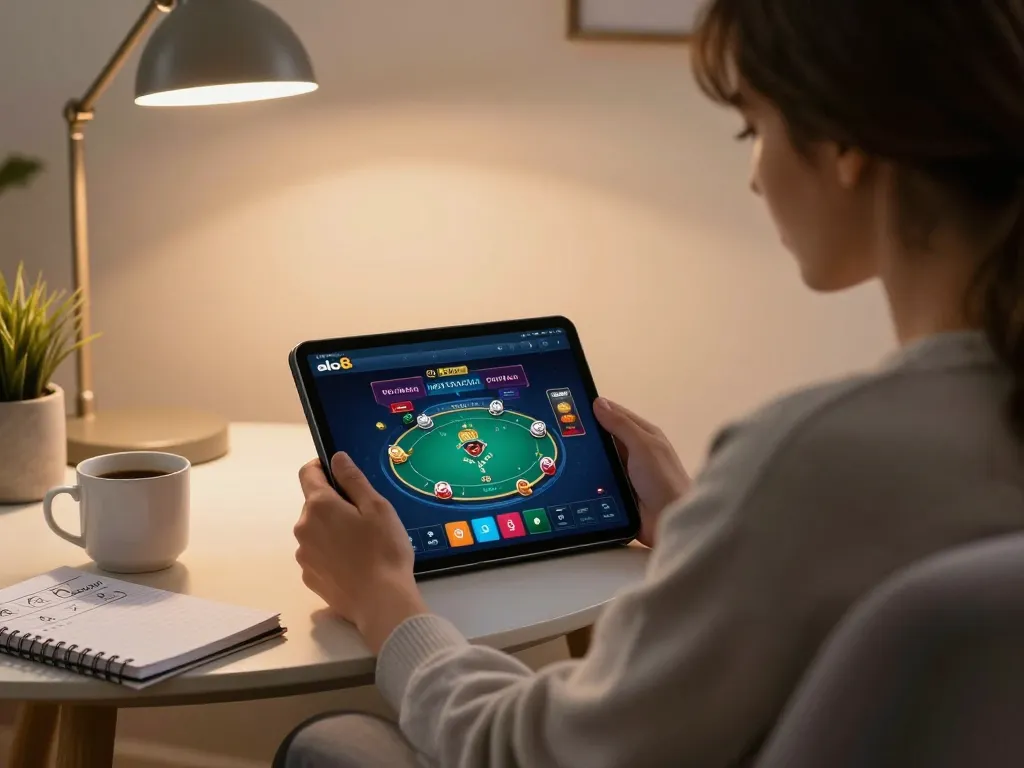 Player enjoying alo8 online poker on tablet in a cozy home setup with strategy notes