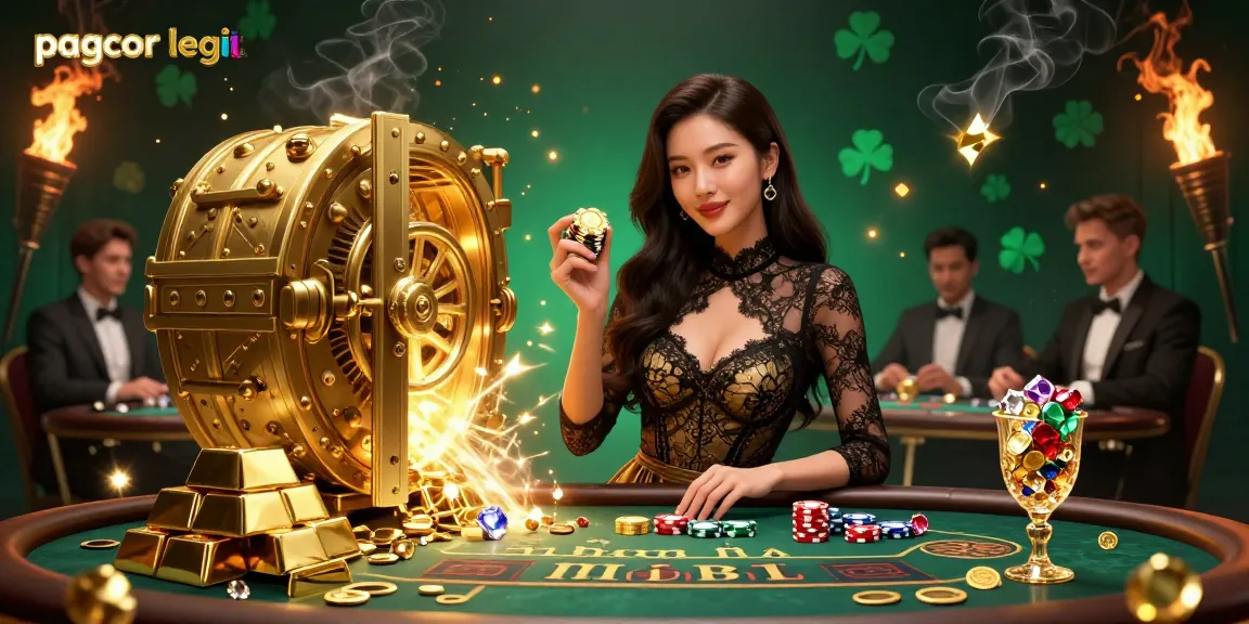 PAGCOR legit illustration with an Asian woman at baccarat, showcasing golden chips and treasure elements.