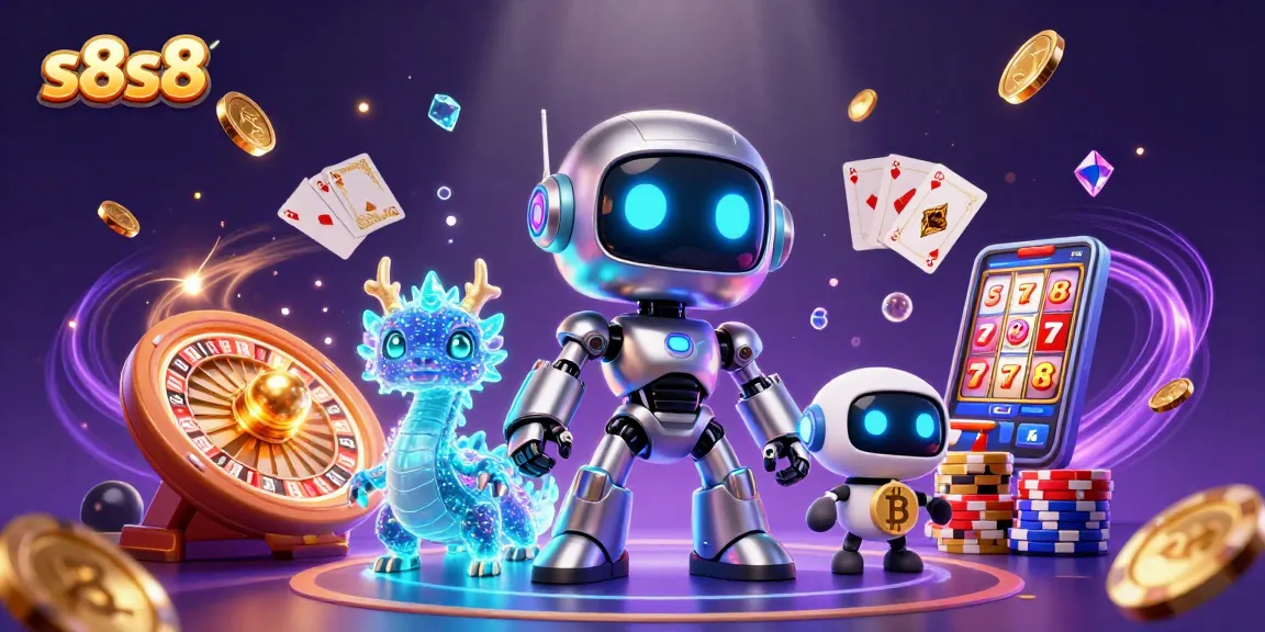 S8s8 casino scene featuring a cyberpunk robot with holographic dragon and bitcoin drone amidst dynamic gaming elements.
