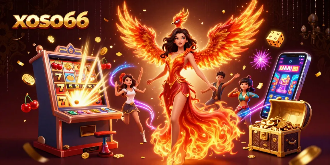 Experience the excitement of xoso66 with a stunning phoenix and vibrant casino elements.