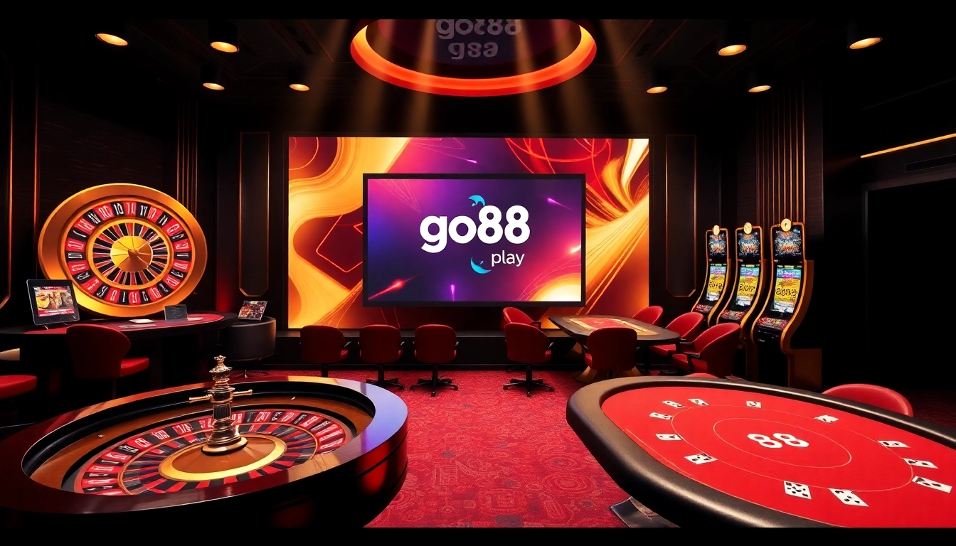 Exciting scene of go88 play with vibrant casino visuals featuring poker tables and slot machines.
