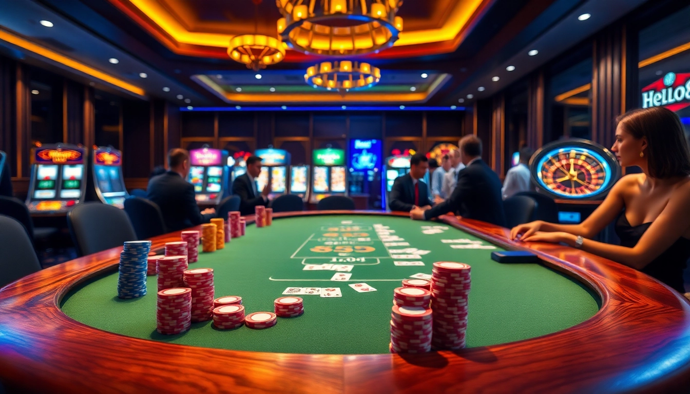 Exciting gambling action at Hello88 featuring poker chips, cards, and a roulette wheel.