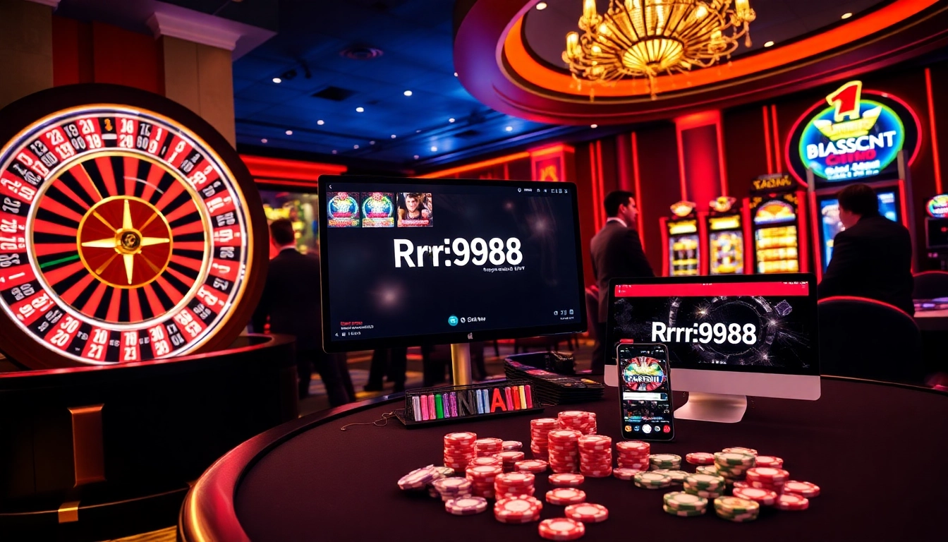 Exciting gambling scene at https://rr9988.net/ with roulette wheel, slot machines, and poker chips.