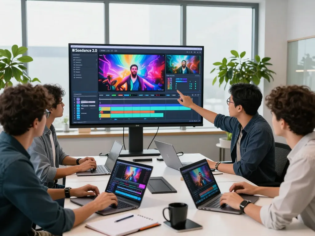 Collaborative team using seedance 2.0 for innovative AI video production in modern workspace.