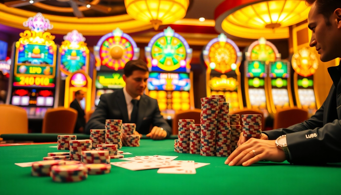 Engage in high-stakes poker at Lu88's luxurious casino tables surrounded by vibrant slot machines.
