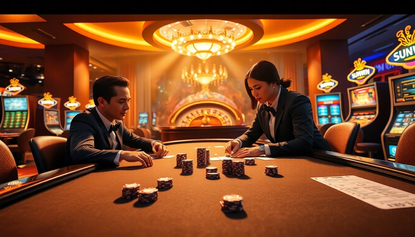 SUNWIN casino atmosphere showcasing players at a poker table with vibrant poker chips and cards.